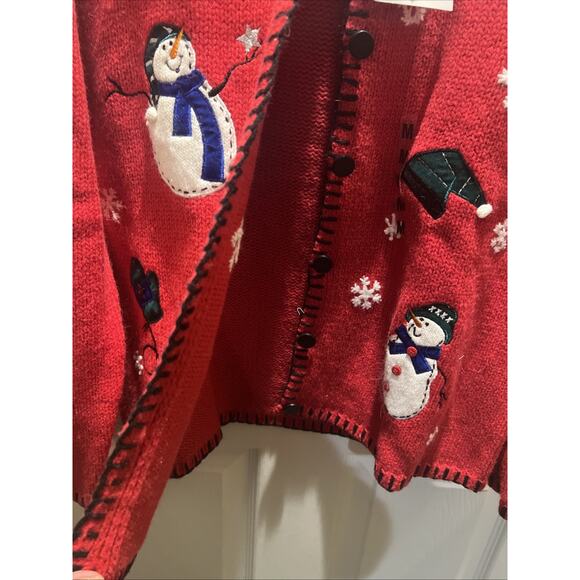 Vintage Croft & Barrow Red Christmas Snowman Button Up Size M Sweater - Picture 6 of 8